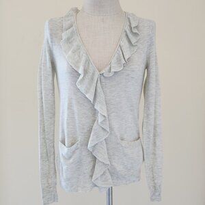 NWT Rebecca Taylor Wool Blend Ruffle V-Neck Cardigan Pocket Grey